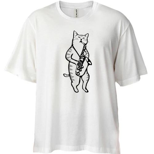 Футболка двунитка Oversize с котом-музыкантом