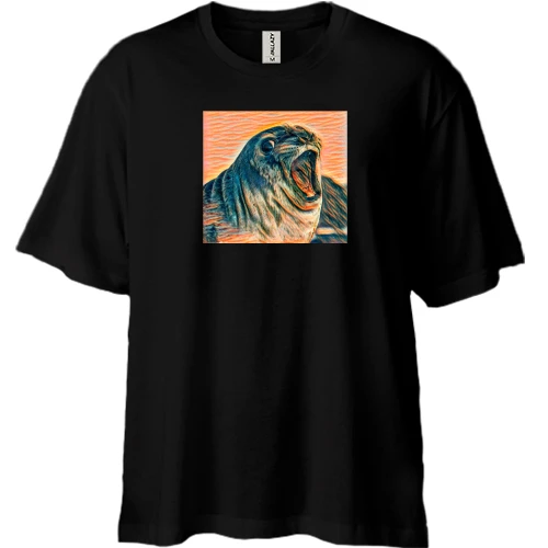 Футболка двунитка Oversize, Черный, с тюленем
