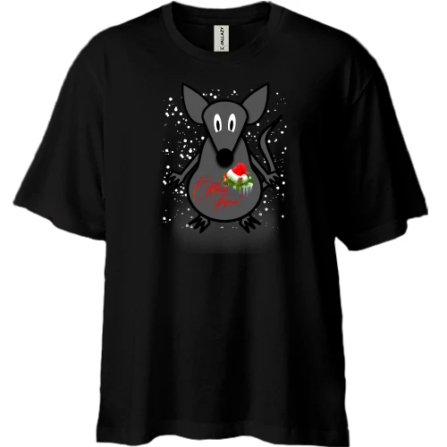 Футболка двунитка Oversize, Черный, с новогодней крысой