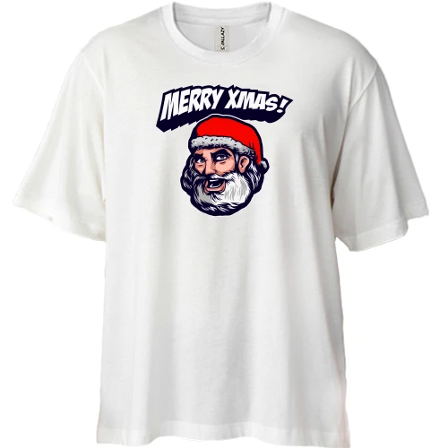 Футболка двонитка Oversize, Білий, Merry Xmas із Санта-Клаусом