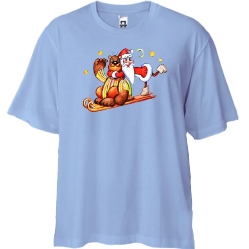 Футболка двунитка Oversize, Синий, с Сантой и медведем на санях