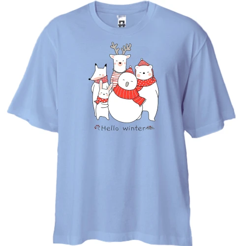 Футболка двунитка Oversize, Синий, с новогодними животными