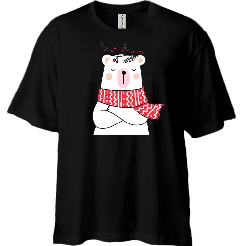 Футболка двунитка Oversize, Черный, с новогодним белым медведем в шарфе