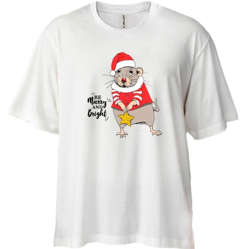 Футболка двунитка Oversize, Белый, с надписью "Be merry and bright" и крысой
