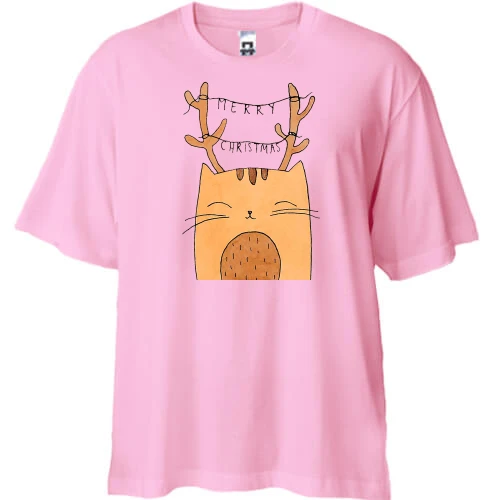 Футболка двонитка Oversize, Білий, з котом і оленячими ріжками