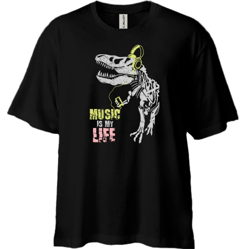 Футболка двунитка Oversize, Черный, Music is my life Динозавр