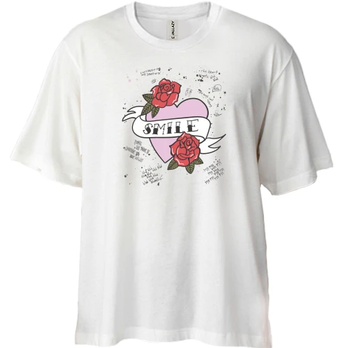 Футболка двунитка Oversize, Белый, Smile Сердце с розами