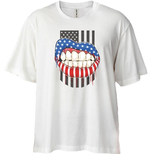Футболка двунитка Oversize, Белый, American lips Американский флаг Губы