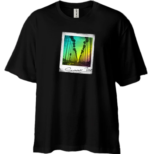 Футболка двонитка Oversize, Чорний, Polaroid Summer Time з пальмами