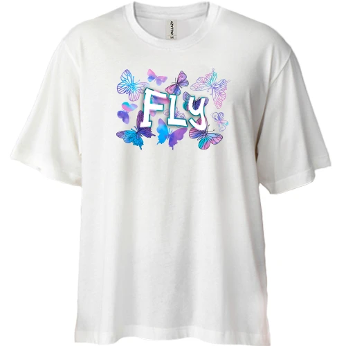 Футболка двунитка Oversize, Белый, с надписью "Fly" и бабочками