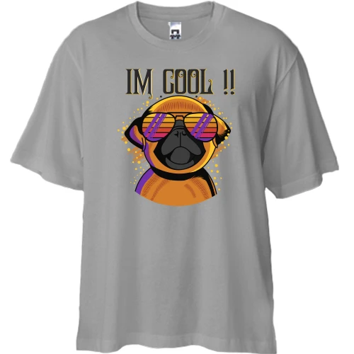 Футболка двунитка Oversize, Серый, с мопсом и надписью "I'm cool"