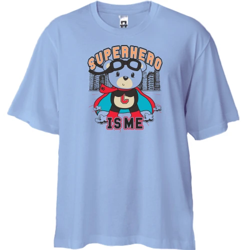 Футболка двонитка Oversize, Синій, з ведмедиком супергероєм