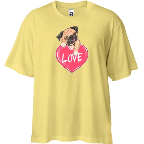 Футболка двонитка Oversize, Жовтий, з мопсом (Love)