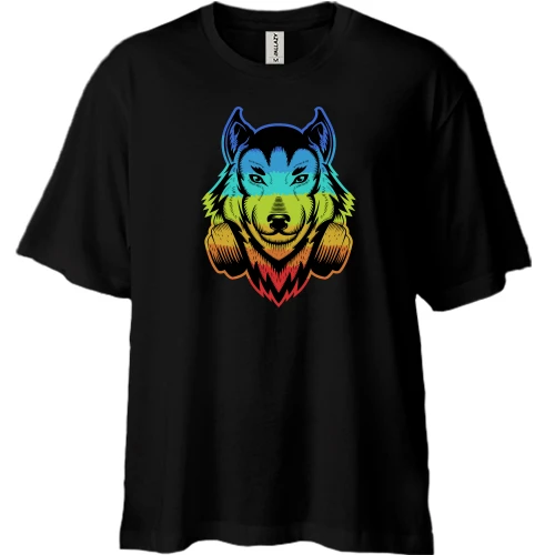 Футболка двунитка Oversize, Черный, Rainbow Wolf