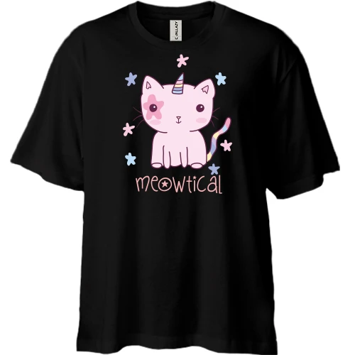 Футболка двонитка Oversize з котом-єдинорогом