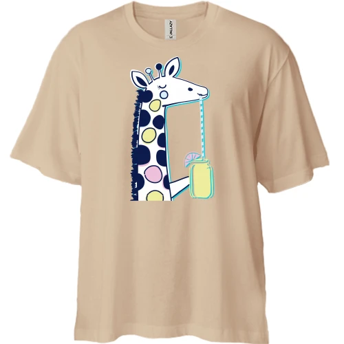 Футболка двунитка Oversize с жирафом пьющим коктейль