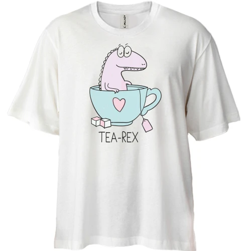 Футболка двунитка Oversize, Белый, с надписью "Tea Rex" и динозавром в чашке