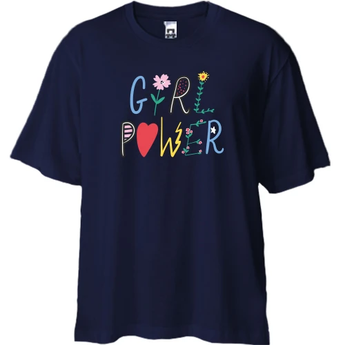 Футболка двунитка Oversize, Синий, с Girl Power и цветами
