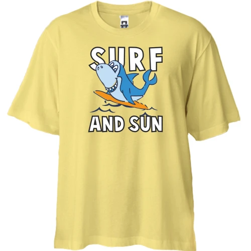 Футболка двунитка Oversize, Желтый, с акулой серфингистом и надписью "Surf and sun"