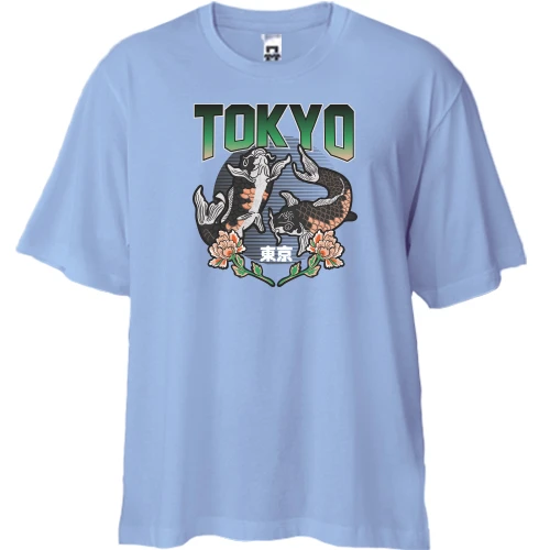 Футболка двонитка Oversize з написом "Токіо" і рибками