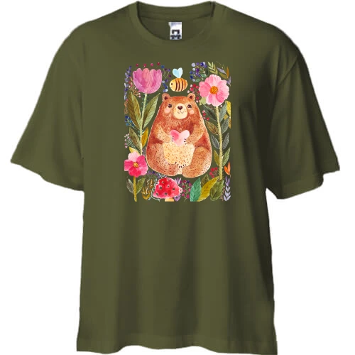 Футболка двунитка Oversize, Черный, с мишкой в цветах