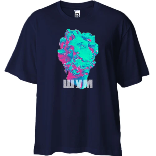 Футболка двунитка Oversize, Синий, с надписью "Шум" и статуей