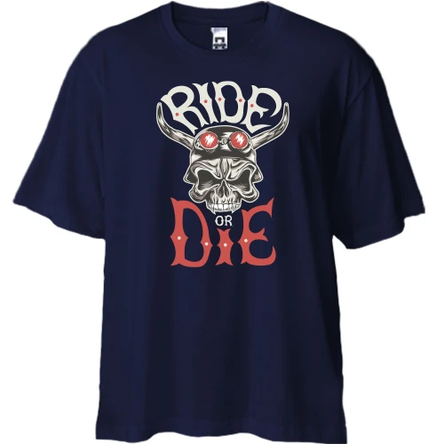 Футболка двонитка Oversize, Синій, Ride or Die з черепом