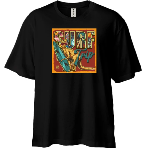 Футболка двунитка Oversize, Черный, Кенгуру Surf Trip