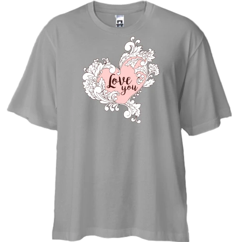 Футболка двонитка Oversize, Сірий, з написом "Love you" рожевим серцем