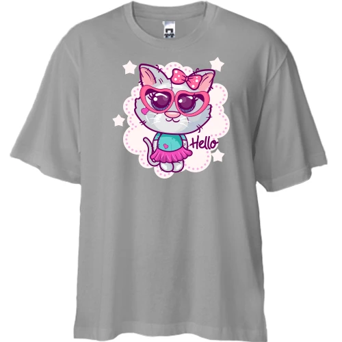 Футболка двунитка Oversize с кошкой в очках