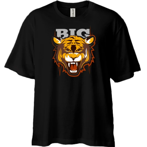Футболка двунитка Oversize, Черный, BIG с рычащим тигром