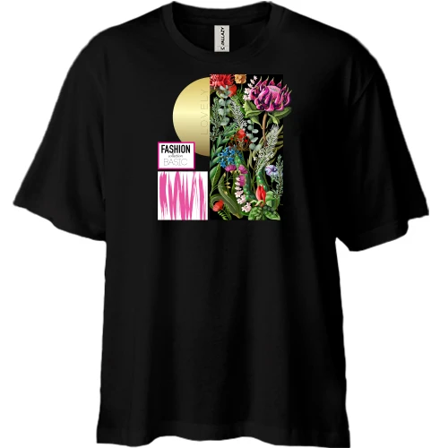 Футболка двонитка Oversize, Чорний, Fashion Basic Flowers