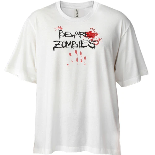 Футболка двонитка Oversize, Білий, Beware Zombies з кривавим відбитком