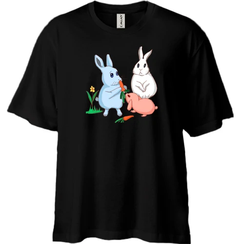Футболка двунитка Oversize, Черный, Кролики и морковка