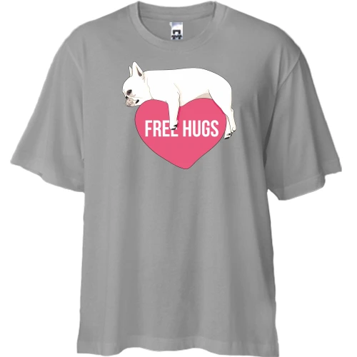 Футболка двунитка Oversize, Серый, Free Hugs с мопсом