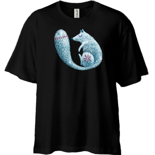 Футболка двунитка Oversize, Черный, с шерстяной лисой