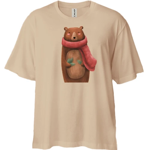 Футболка двонитка Oversize, Білий, Ведмідь в шарфі
