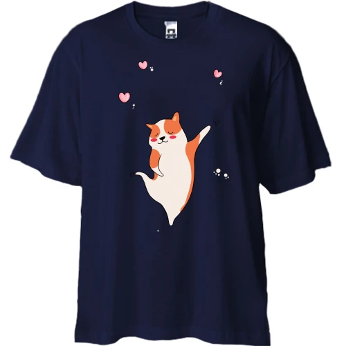 Футболка двунитка Oversize, Синий, Cat with hearts