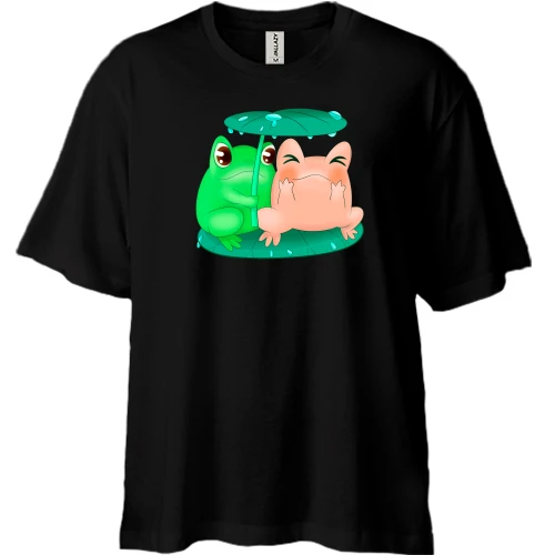 Футболка двунитка Oversize, Черный, Жабки прячутся от дождя