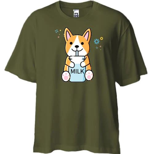 Футболка двонитка Oversize Corgi drinks Milk