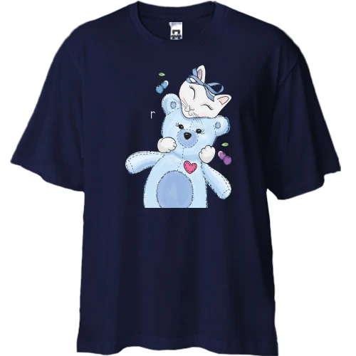 Футболка двонитка Oversize, Синій, Cat with Teddy Bear