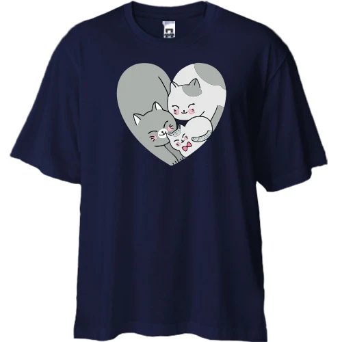 Футболка двунитка Oversize, Синий, Cat Family in Heart