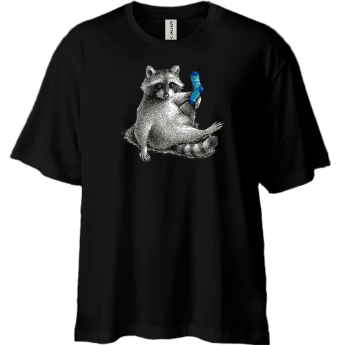 Футболка двонитка Oversize, Чорний, Єнот зі шкарпеткою