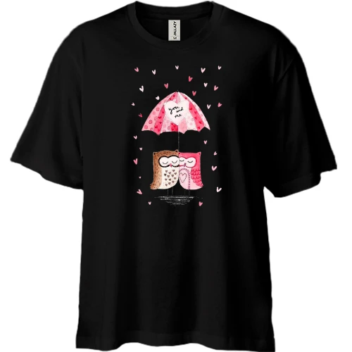 Футболка двунитка Oversize, Черный, Совы под зонтиком