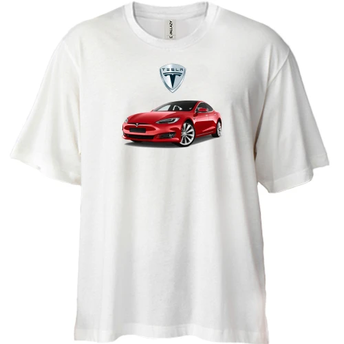 Футболка двонитка Oversize, Білий, Tesla Model S
