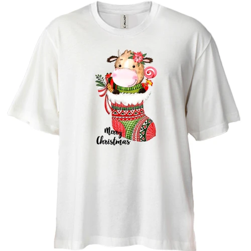 Футболка двунитка Oversize, Белый, с бычком Merry Christmas