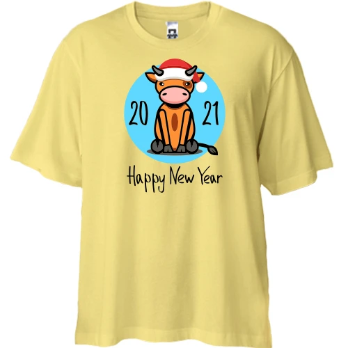 Футболка двунитка Oversize, Желтый, с бычком Happy New Year