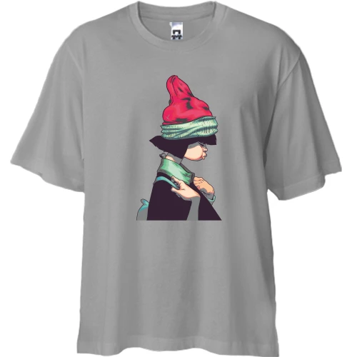 Футболка двунитка Oversize, Серый, girl in a red hat