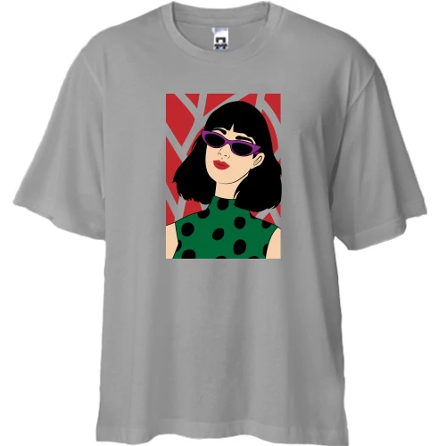Футболка двонитка Oversize, Сірий, Art girl with glasses