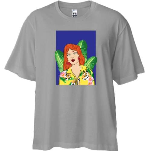 Футболка двунитка Oversize, Серый, Redhead girl with leaves